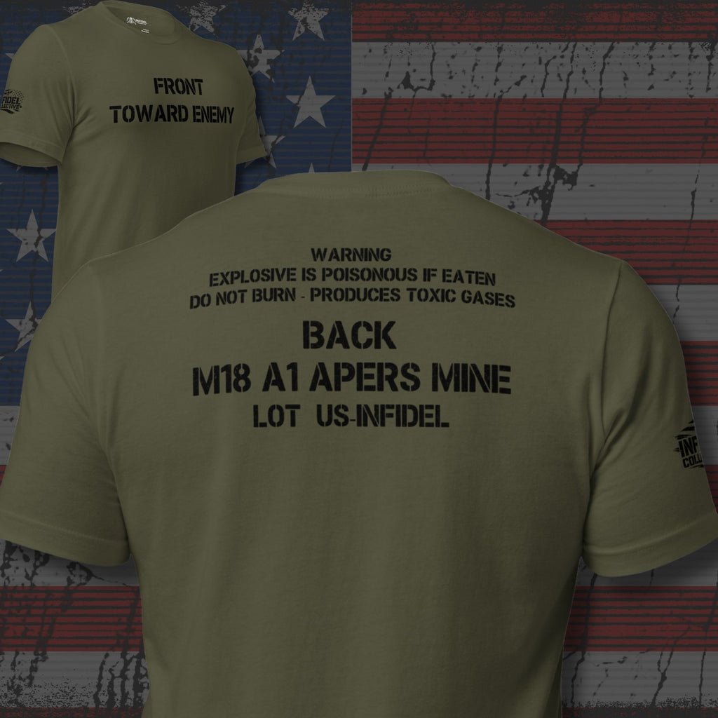 Front Toward Enemy claymore mine warning text on front and back design back print olive tee from Infidel Collective