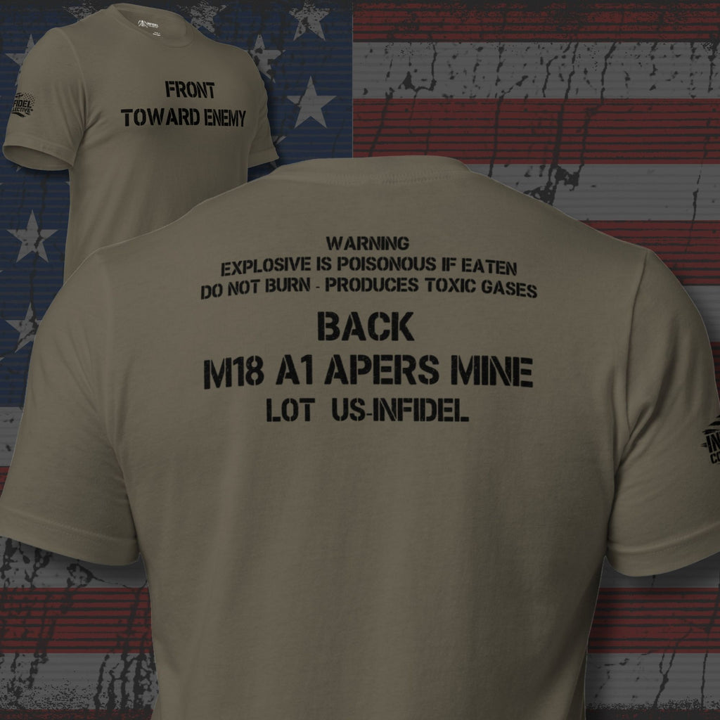 Back view of olive tee featuring Front Toward Enemy claymore mine warning text on front and back design