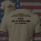 Back view of olive tee featuring Front Toward Enemy claymore mine warning text on front and back design