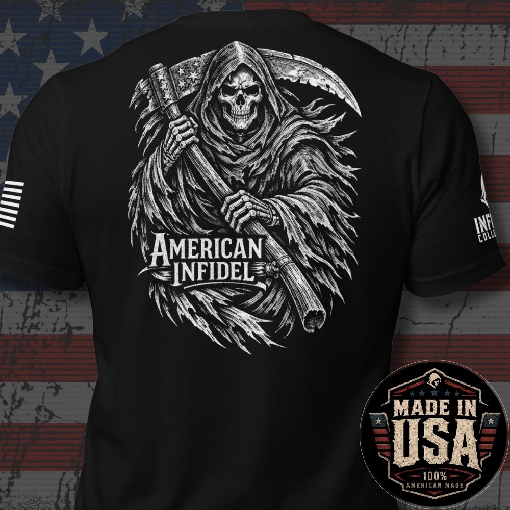 USA Made Cloaked American Infidel Reaper Back Print Tee