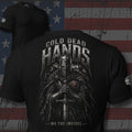 Cold Dead Hands armored Infidel knight gripping a sword design back print black tee from Infidel Collective