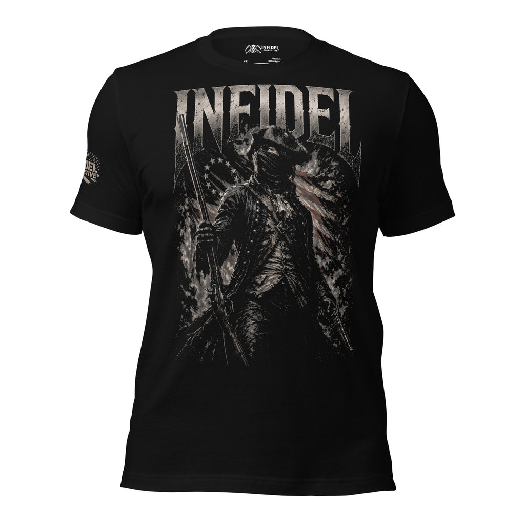 Green t-shirt with tank graphic and text 'INFIDEL' on a white background