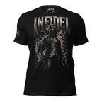 Green t-shirt with tank graphic and text 'INFIDEL' on a white background