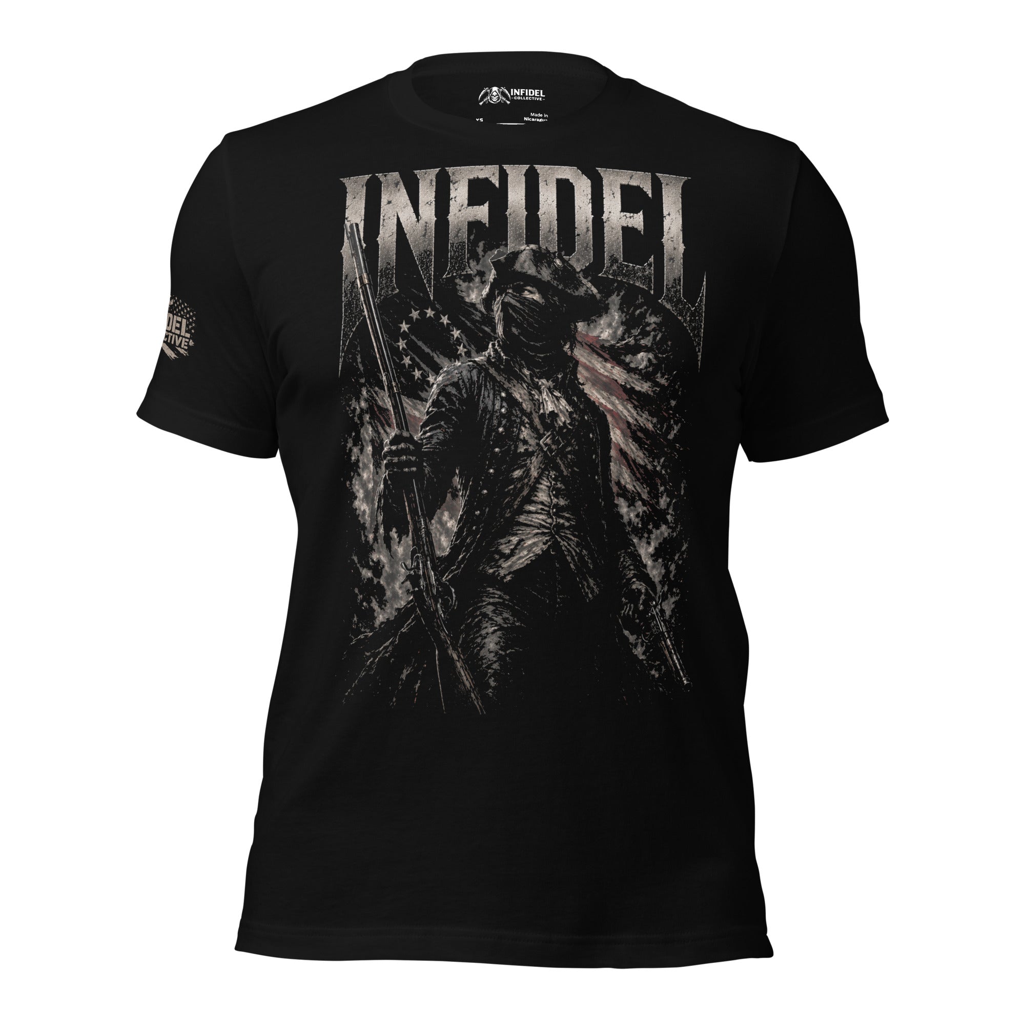 Green t-shirt with tank graphic and text 'INFIDEL' on a white background