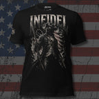 Black t-shirt with graphic design and 'Infidel' text against an American flag background