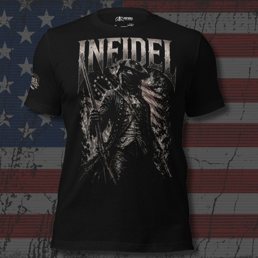Black t-shirt with graphic design and 'Infidel' text against an American flag background