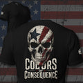 Colors of Consequence skull painted with distressed American flag design back print black tee from Infidel Collective