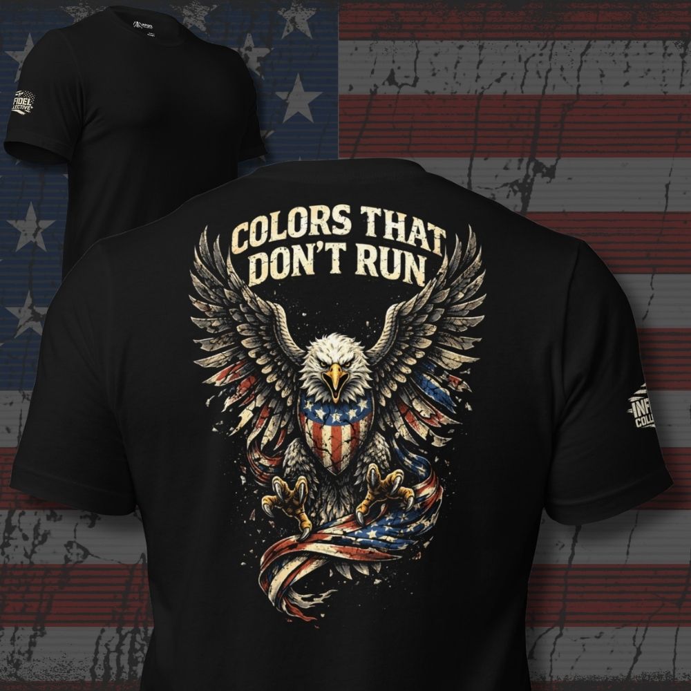 Back print black t-shirt featuring patriotic eagle with American flag shield and Colors That Don't Run text