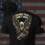 Back print black t-shirt featuring patriotic eagle with American flag shield and Colors That Don't Run text