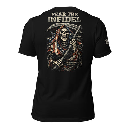 Black t-shirt with a graphic design of a skeleton holding an American flag and text 'Fear the Infidel' on the back.