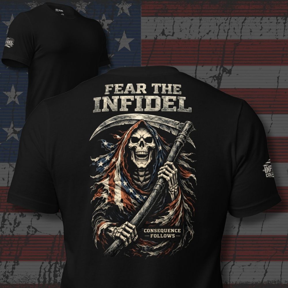Black t-shirt with graphic design and text 'Fear the Infidel' on a flag background