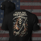 Black t-shirt with graphic design and text 'Fear the Infidel' on a flag background