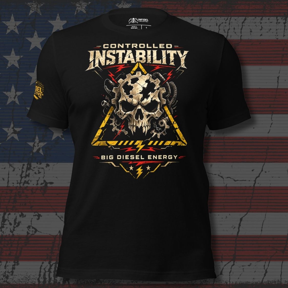 Black t-shirt with skull and gear design on a distressed American flag background