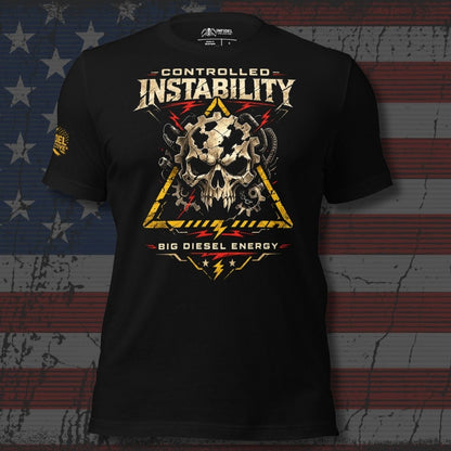 Black t-shirt with skull and gear design on a distressed American flag background