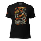 Black t-shirt with a snake and gear design and 'Infidel' text on a white background