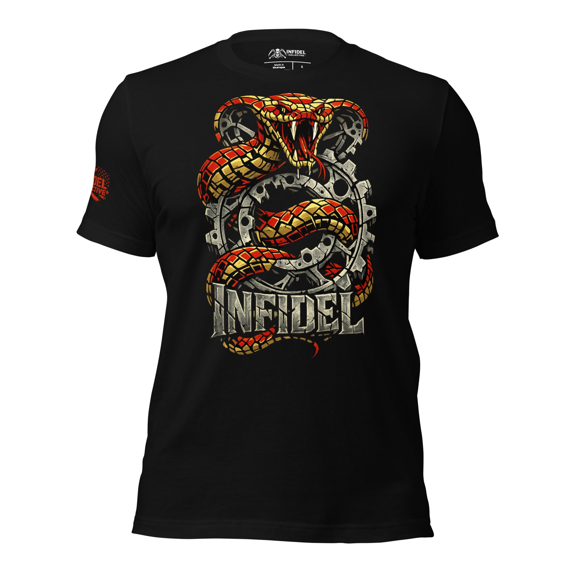 Black t-shirt with a snake and gear design and 'Infidel' text on a white background