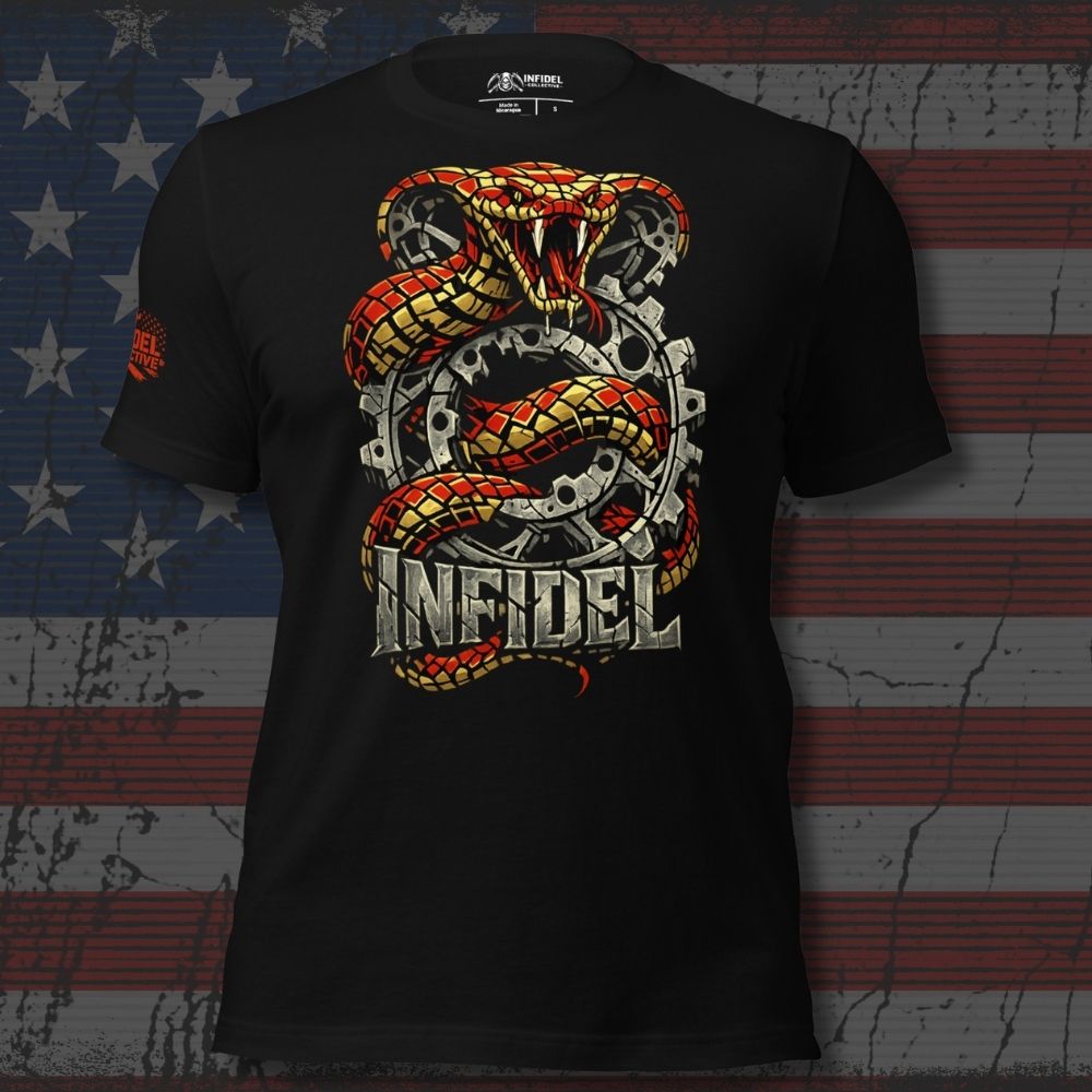 Black t-shirt with snake design and 'INFIDEL' text on an American flag background
