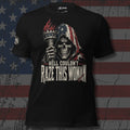Hell Couldn't Raze This Woman flag reaper holding a burning torch design front print black tee from Infidel Collective