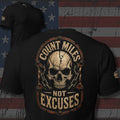 Count Miles Not Excuses cracked skull inside a road gauge badge design back print black tee from Infidel Collective