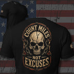 Count Miles Not Excuses skull chain back print black tee from Infidel Collective