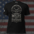 Count Miles Not Excuses skull speedometer graphic black tee from Infidel Collective