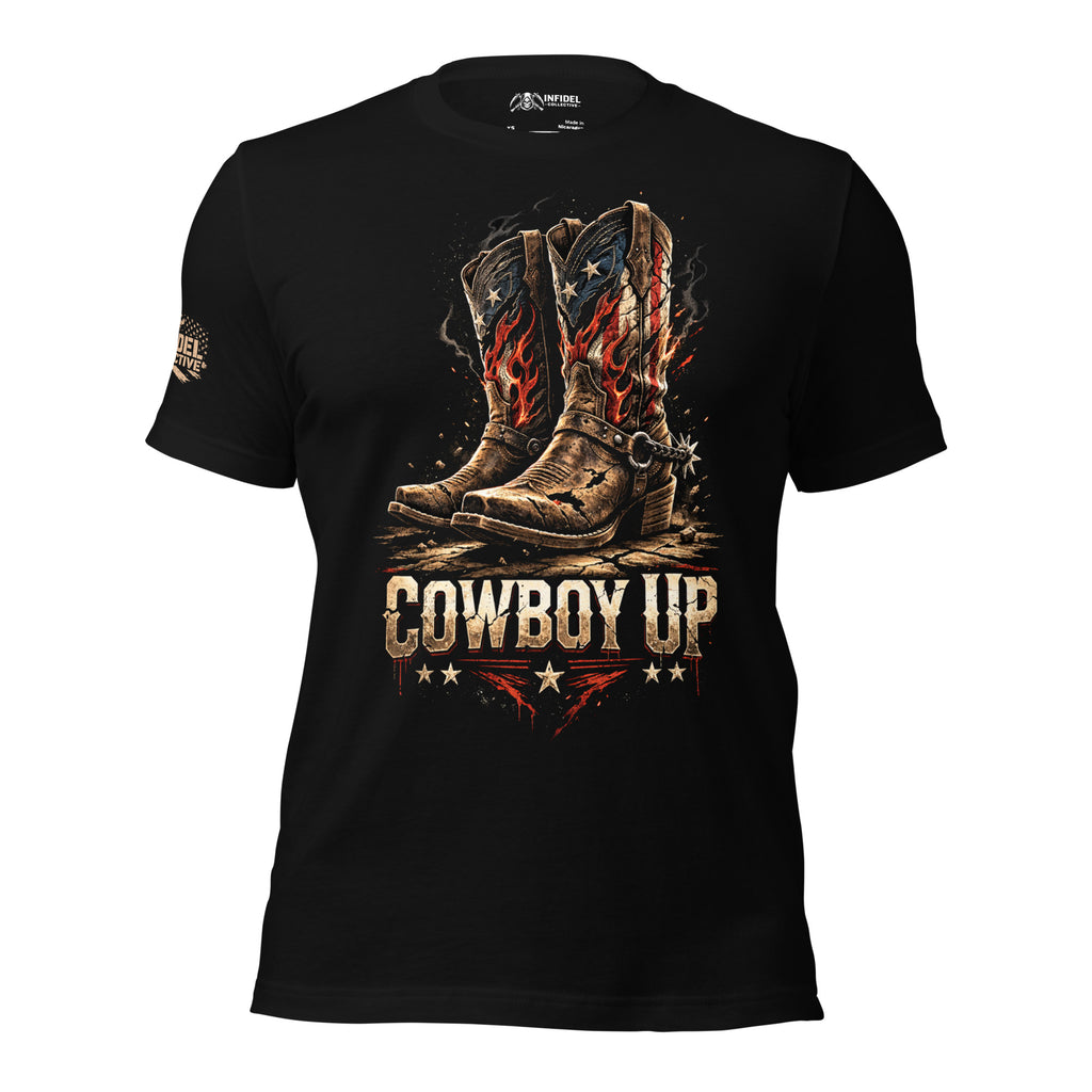 Black t-shirt with cowboy boots and 'Cowboy Up' text on a white background
