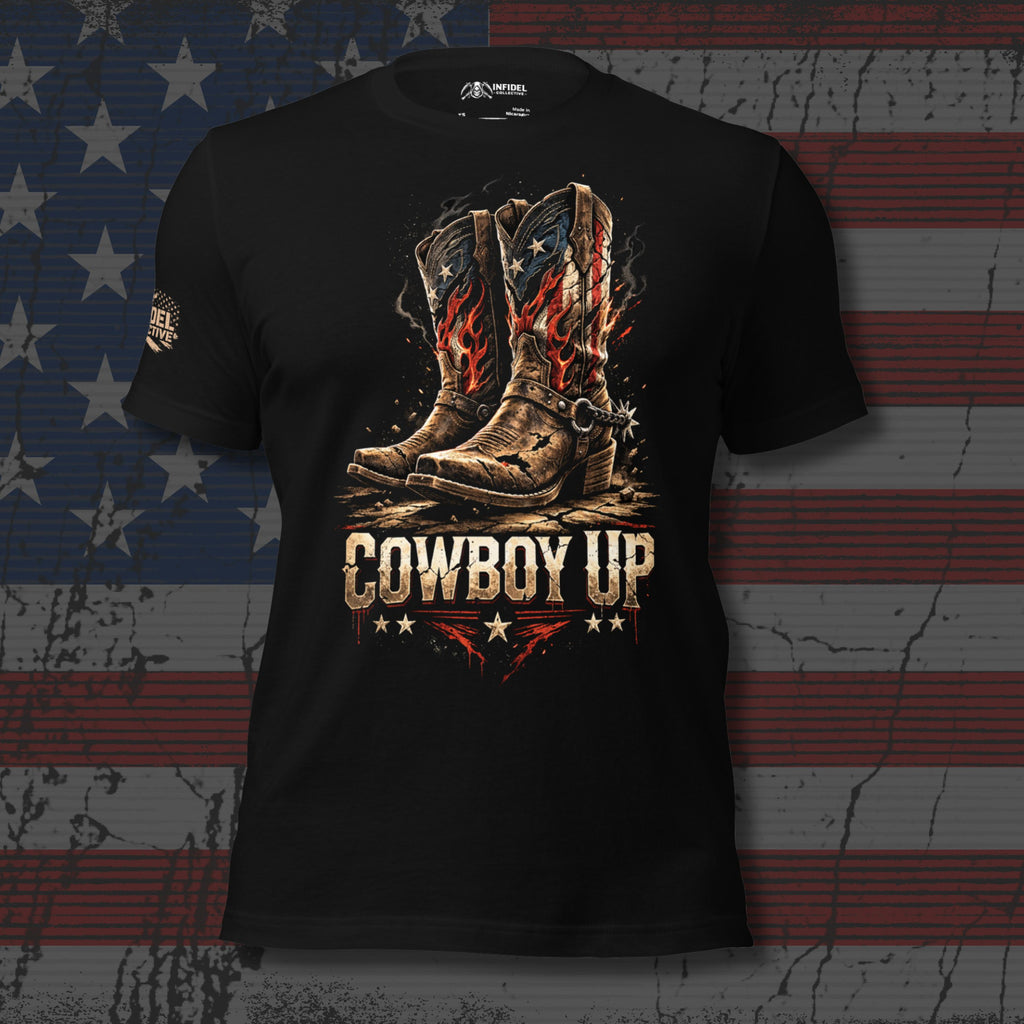 Black t-shirt with cowboy boots and 'Cowboy Up' text on an American flag background
