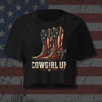 American flag cowboy boots with red flame accents and Cowgirl Up text on black front print tee