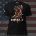 Cowgirl Up American flag boots on fire design front print black tee from Infidel Collective