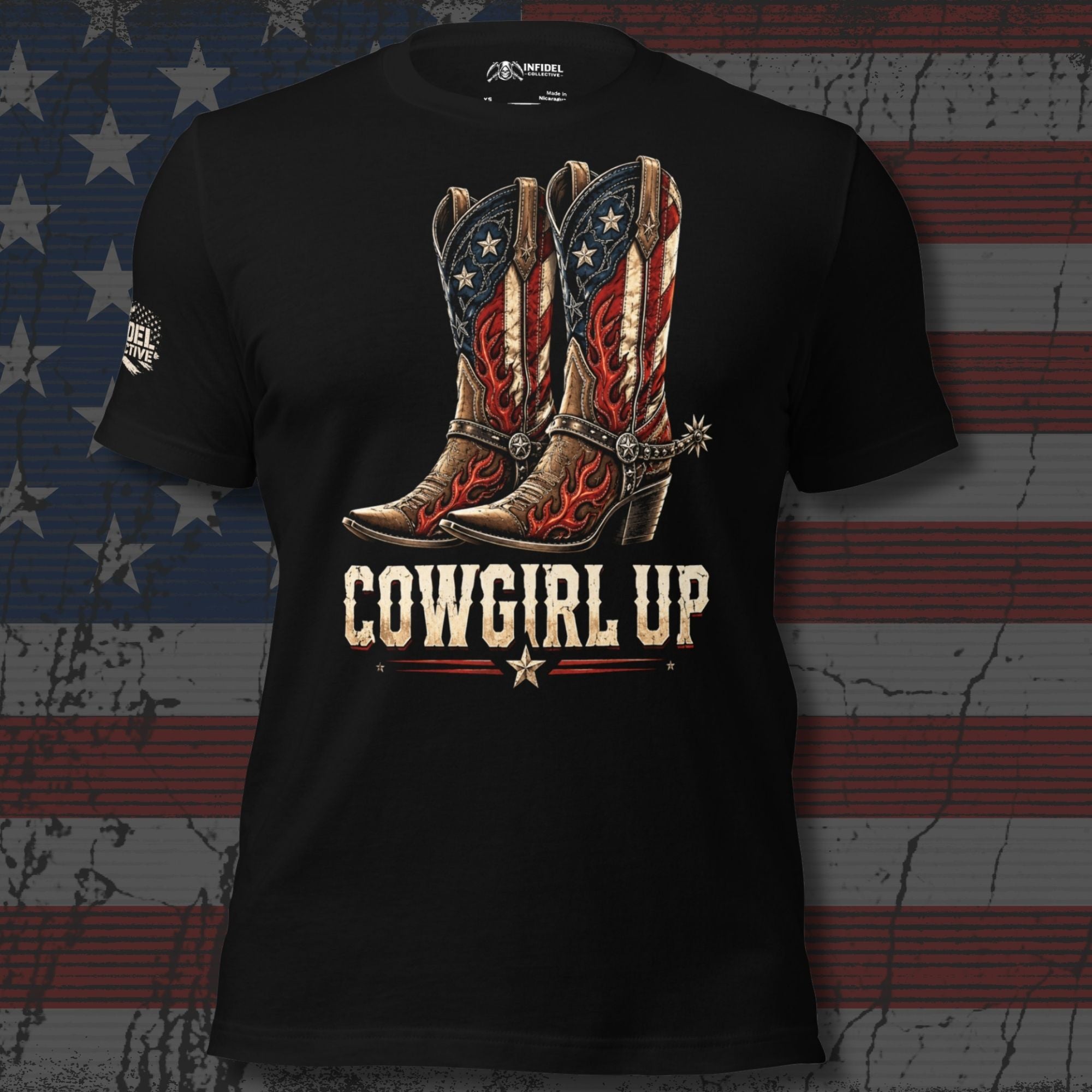 Cowgirl Up Boots on Fire Women Front Print Tee