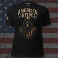 hooded skull in an American flag cloak with iron cross and American Infidel text front print black tee from Infidel Collective