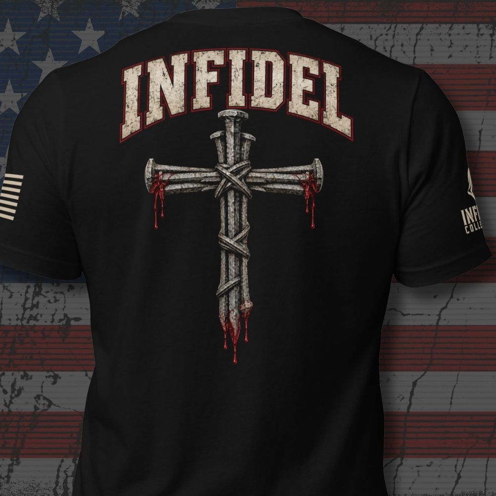 Crimson Cross of Nails back print graphic featuring a nail-formed cross and restrained crimson accents on a black tee