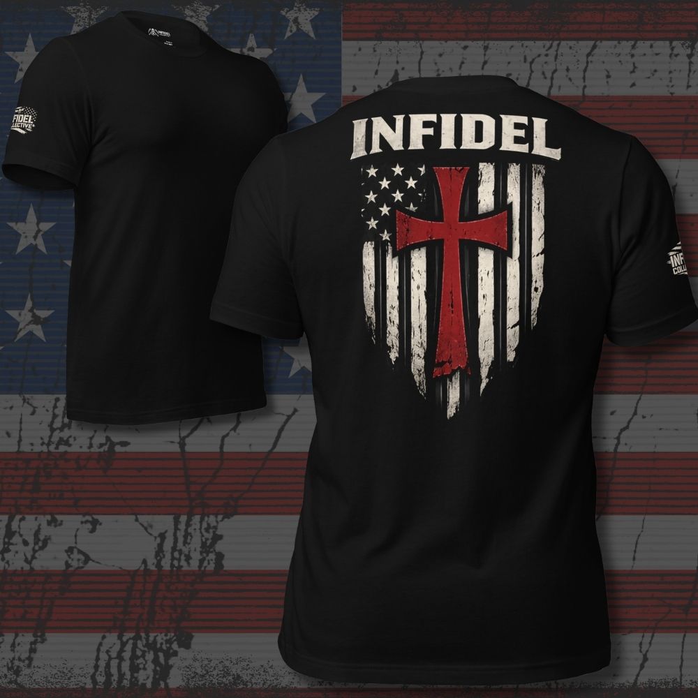 Black t-shirt with 'Infidel' design on a distressed American flag background