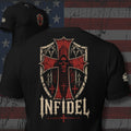 Infidel crimson shield cross with hooded reaper design back print black tee from Infidel Collective