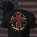 American Infidel riveted crimson cross inside a round steel badge design back print black tee from Infidel Collective
