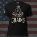 hooded reaper in American flag colors with Death Before Chains text front print black tee from Infidel Collective