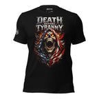 Black t-shirt with a graphic design of a skull and text 'Death Before Tyranny' on a white background.