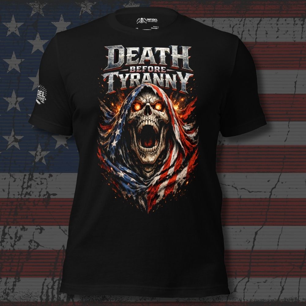 Black t-shirt with 'Death Before Tyranny' graphic design on an American flag background