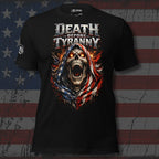 Black t-shirt with 'Death Before Tyranny' graphic design on an American flag background