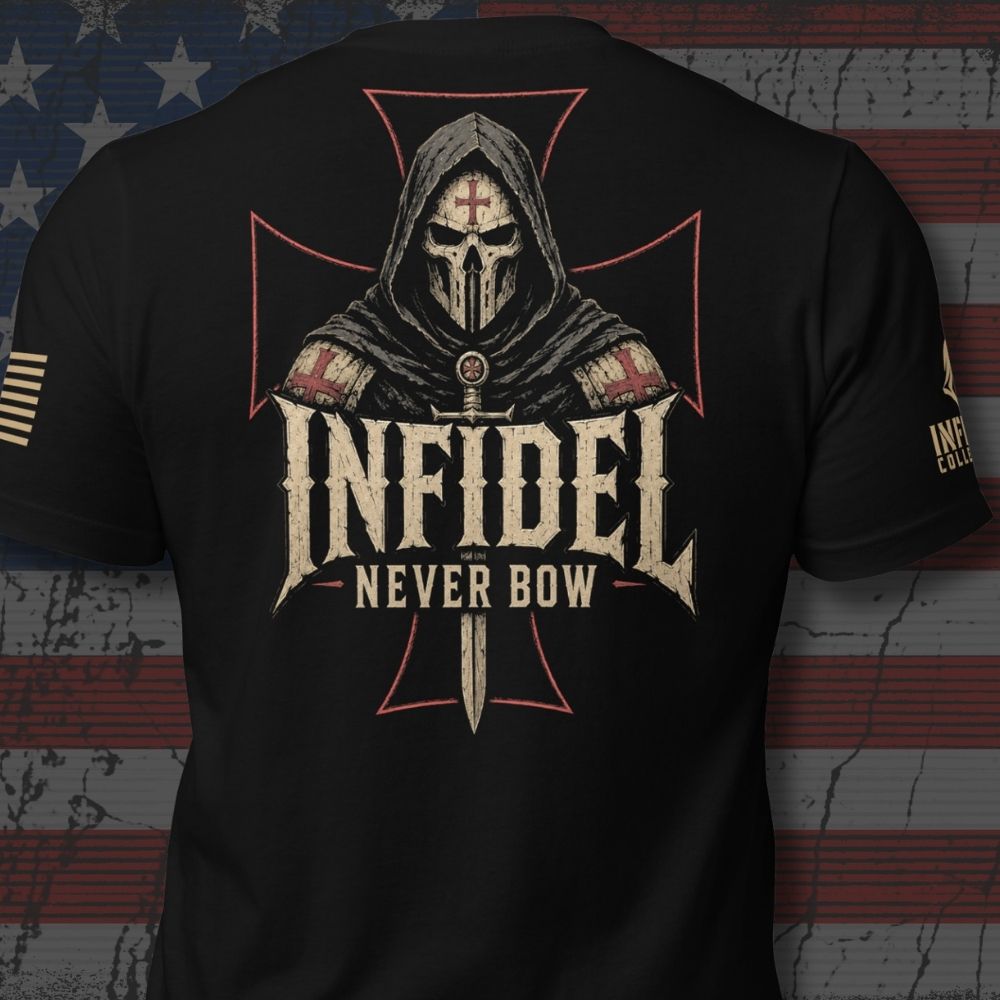 Death Mask Infidel Never Bow back print black tee from Infidel Collective