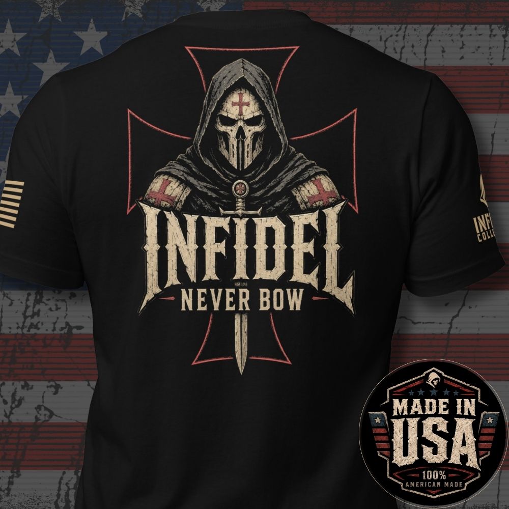 USA Made Death Mask Infidel Never Bow Back Print Tee