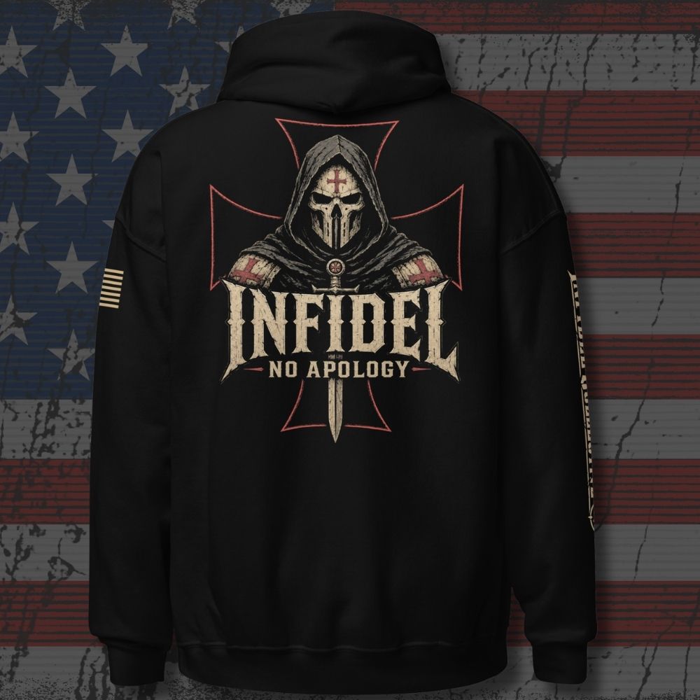 Black pullover hoodie featuring Death Mask Infidel No Apology back-print design