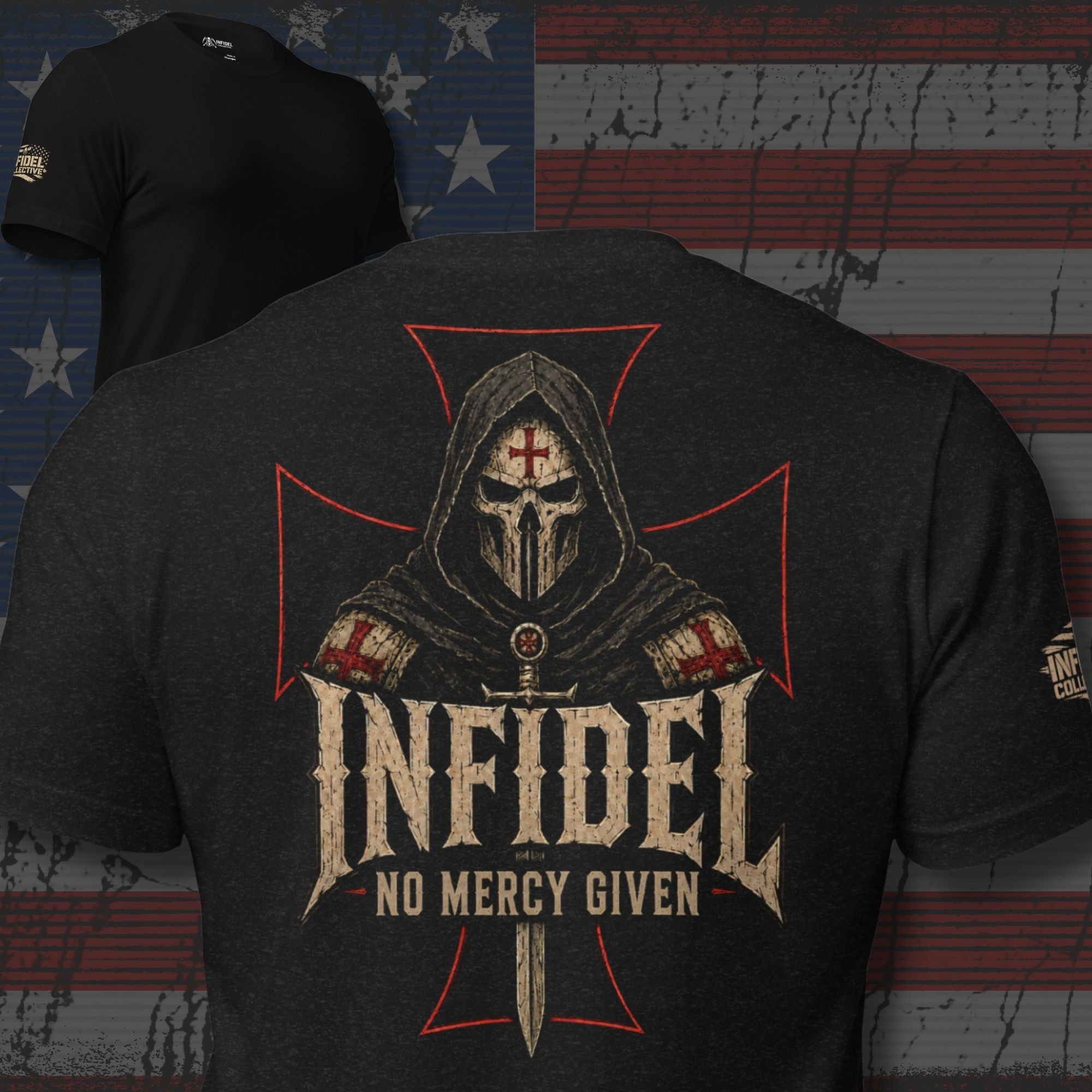 Death Mask Infidel No Mercy Given back print black tee from Infidel Collective