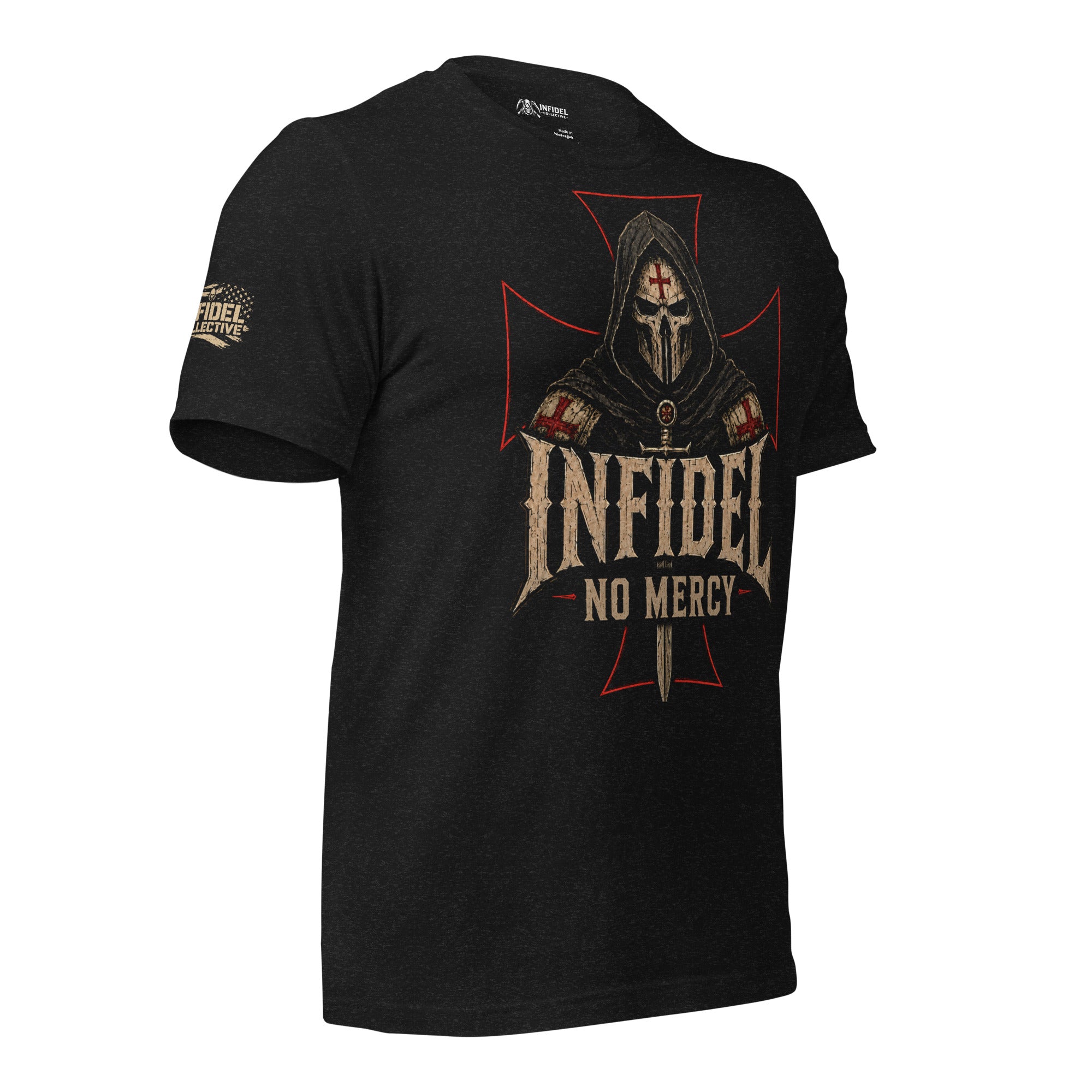 Death Mask Infidel No Mercy front print black tee from Infidel Collective
