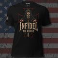 Infidel death mask knight with No Mercy design front print black tee from Infidel Collective