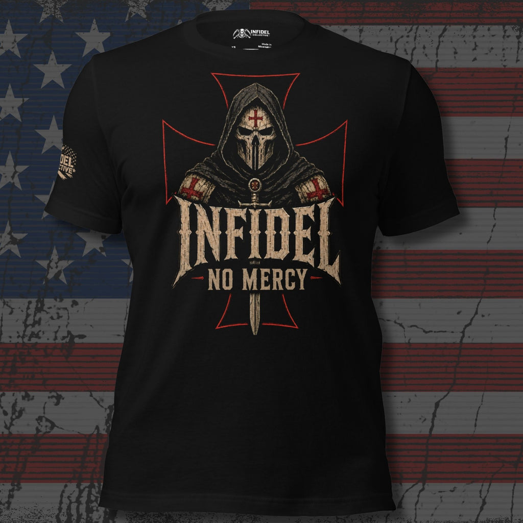 Death Mask Infidel No Mercy front print black tee from Infidel Collective