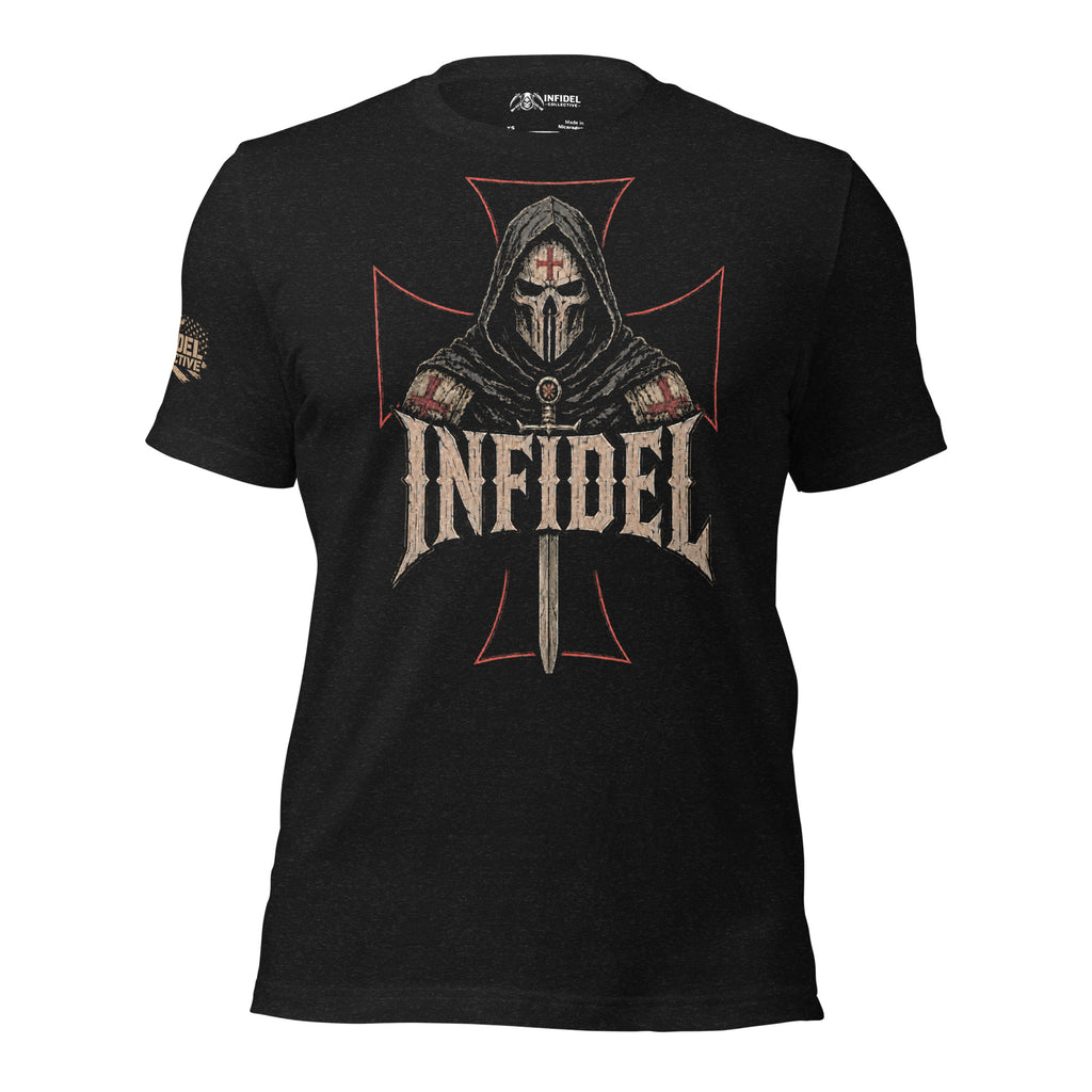 Infidel hooded knight front print black tee from Infidel Collective
