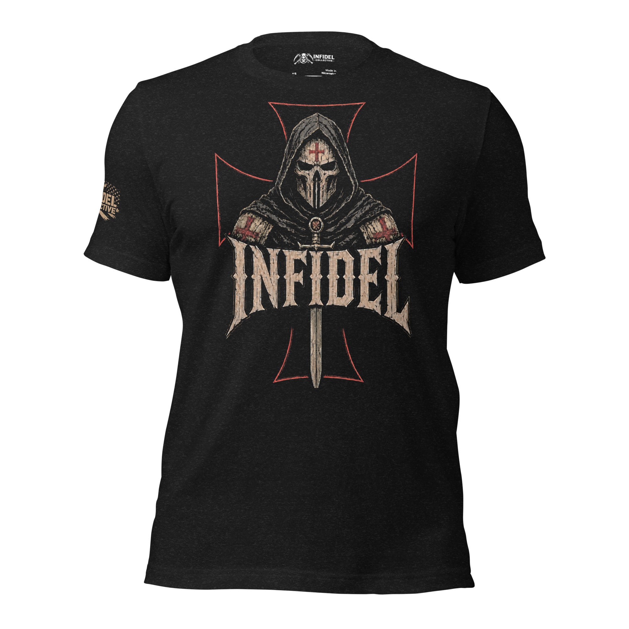 Infidel hooded knight front print black tee from Infidel Collective