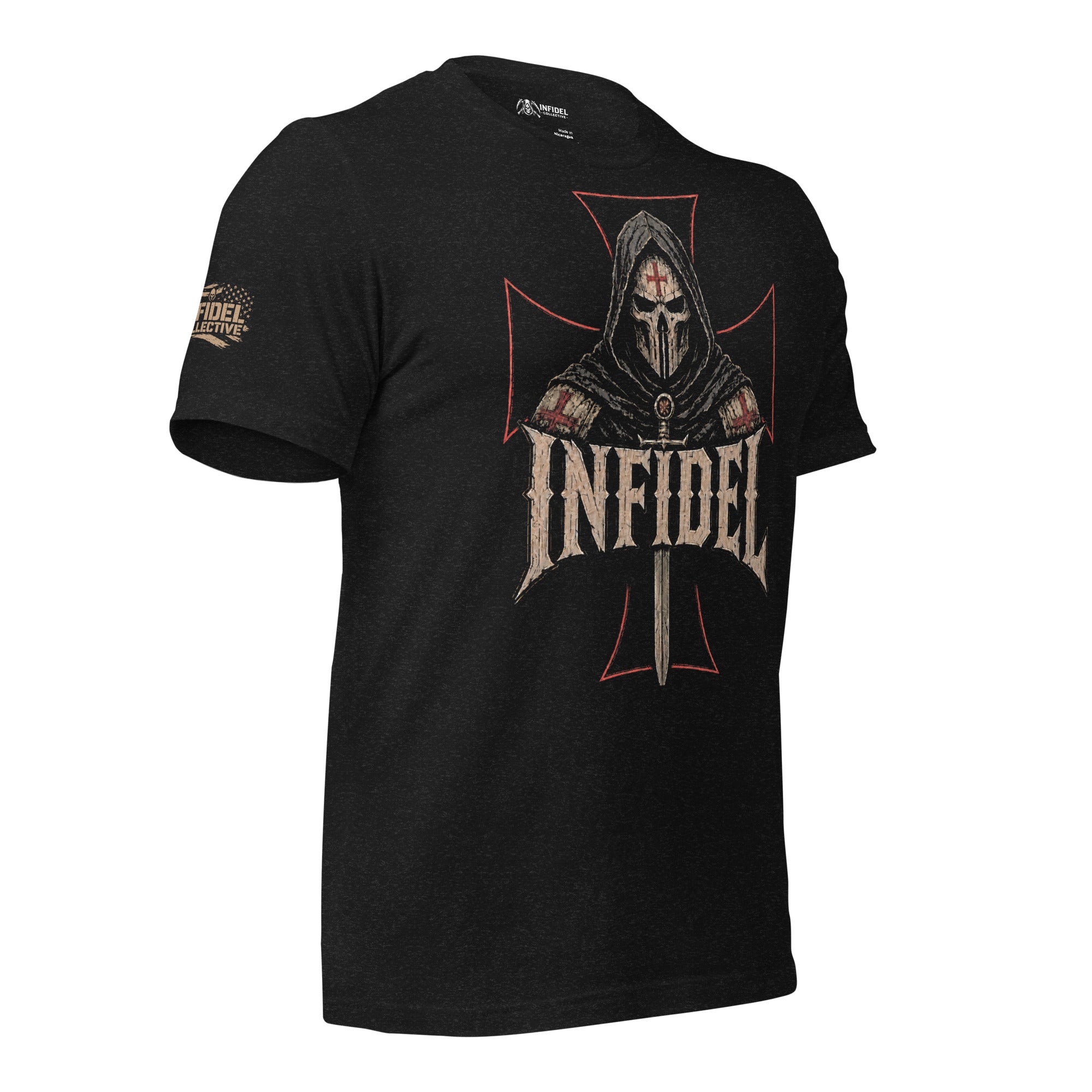 Infidel hooded knight front print black tee from Infidel Collective