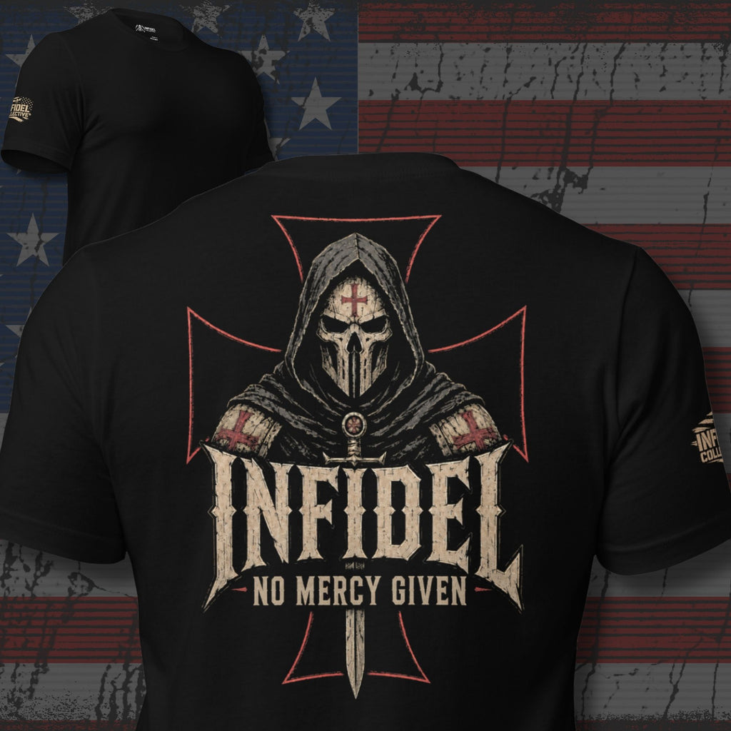 Infidel death mask knight with No Mercy Given design back print black tee from Infidel Collective